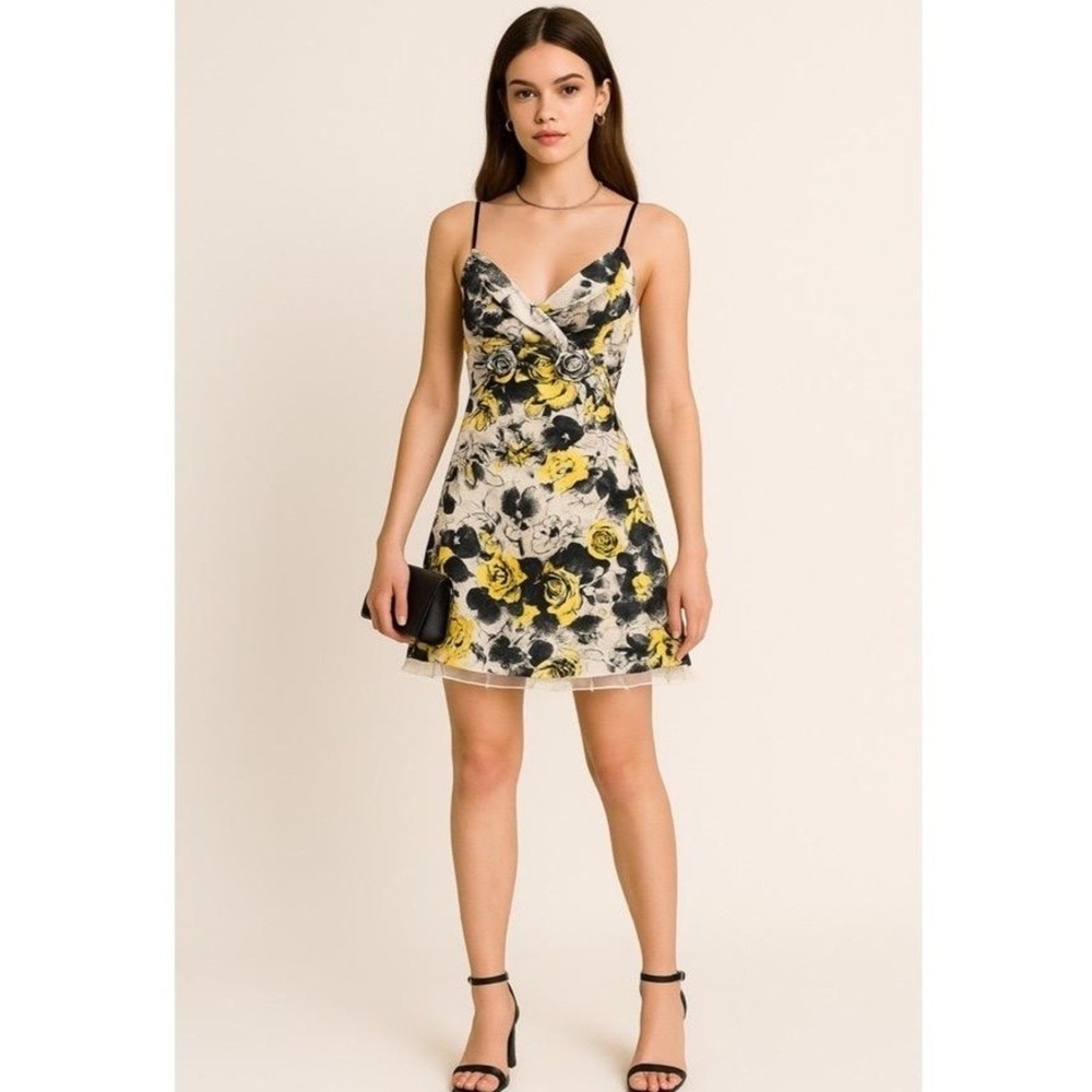Ruby Rox Yellow Black Floral Rose Mini Dress Tulle Trim‎ Size 5